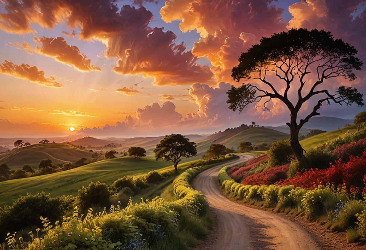 A winding road symbolizing a journey of love, lined with sensual silhouettes of couples in embracing poses, surrounded by lush greenery and soft, warm lighting. The horizon glows with the colors of a romantic sunset, capturing passion and intimacy in the air. Incorporate subtle heart motifs in the clouds above, adding an element of whimsy. surrealistic. warm tones. romantic ambiance.