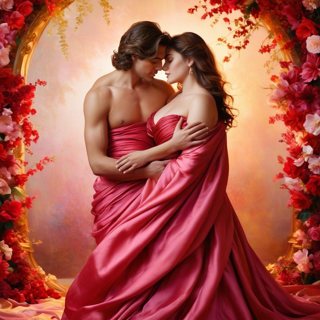 A captivating scene of a couple embracing in a dreamy, ethereal landscape adorned with lush flowers, flowing silk drapery, and soft, warm lighting. Their expressions reflect deep adoration and romance, while curvaceous forms echo the theme of voluptuous beauty. The background features an abstract blend of colors symbolizing passion and love. painting. vibrant colors. soft focus.
