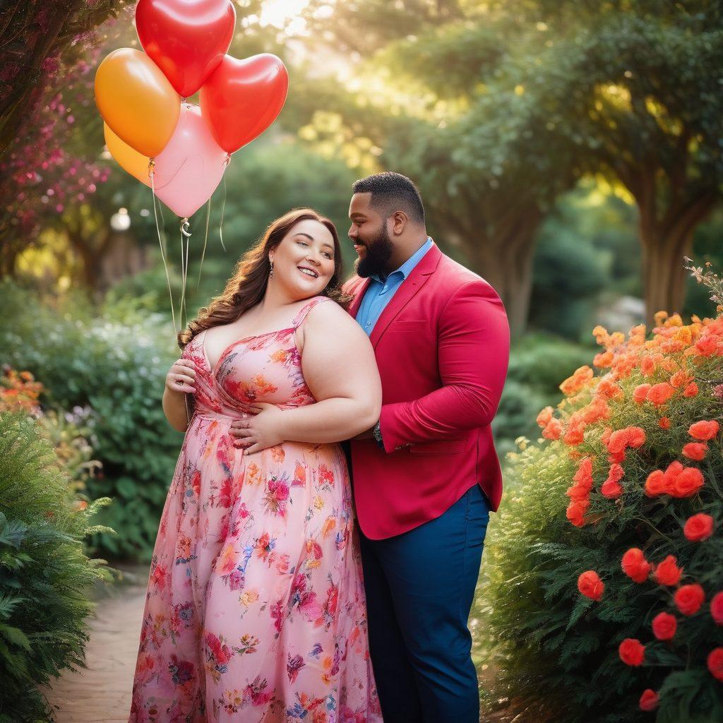 A confident plus-size couple joyfully embracing each other in a lush garden filled with colorful flowers. The couple, dressed in elegant, vibrant outfits, radiates love and acceptance as they laugh and share a tender moment. Soft sunlight filters through the trees, casting a warm glow on their figures, emphasizing their curves. The background features whimsical decorations like heart-shaped balloons and fairy lights, enhancing the romantic ambiance. super-realistic. vibrant colors. soft focus.